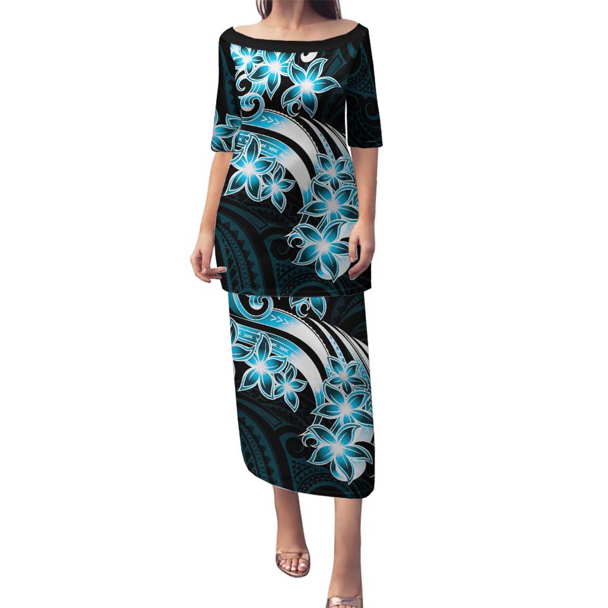 Plumeria Tribal Tattoo Family Matching Puletasi and Hawaiian Shirt Blue Polynesian Pattern LT9 Mom's Dress Blue - Polynesian Pride