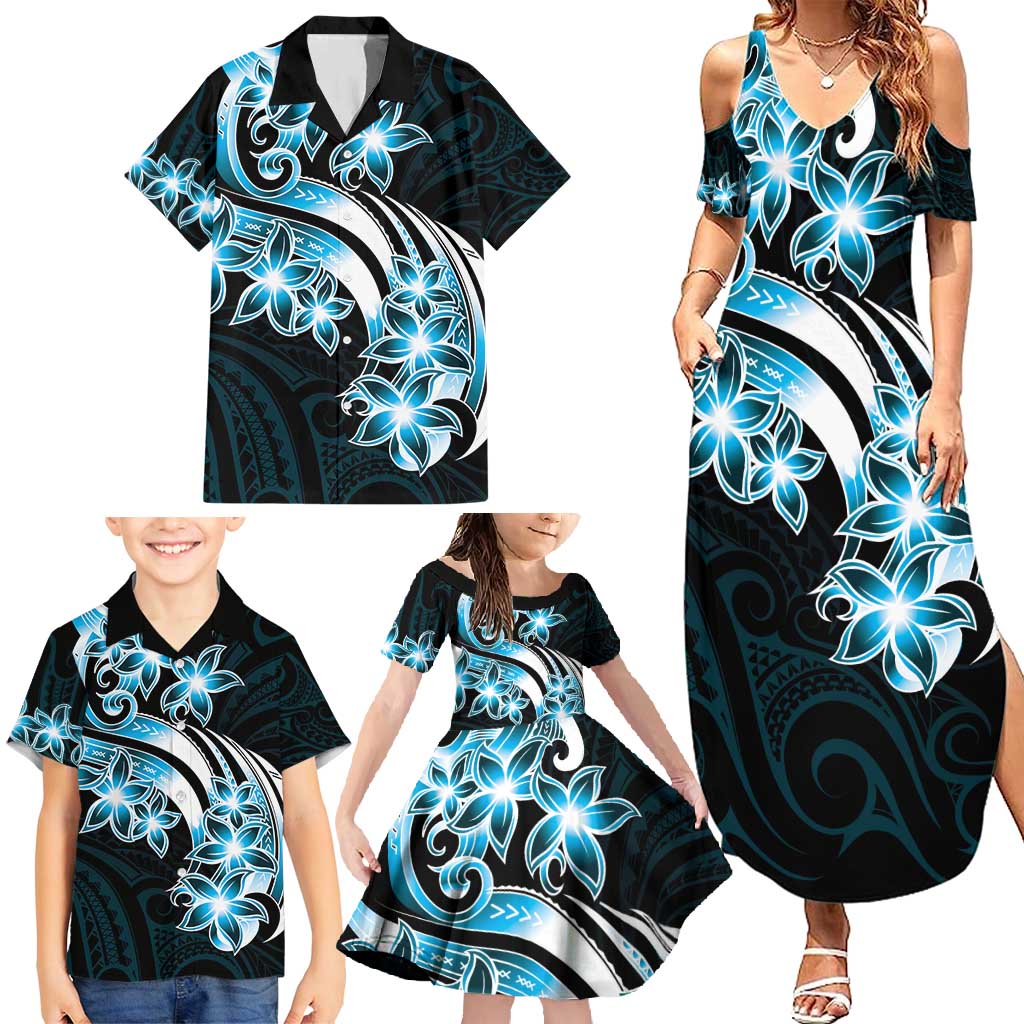 Plumeria Tribal Tattoo Family Matching Summer Maxi Dress and Hawaiian Shirt Blue Polynesian Pattern LT9 - Polynesian Pride