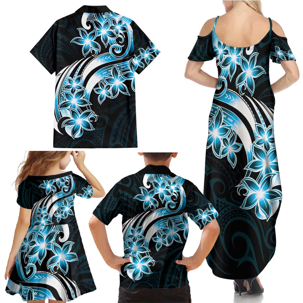Plumeria Tribal Tattoo Family Matching Summer Maxi Dress and Hawaiian Shirt Blue Polynesian Pattern LT9 - Polynesian Pride