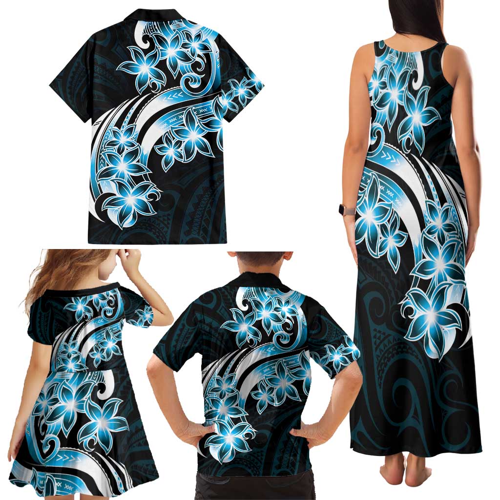 Plumeria Tribal Tattoo Family Matching Tank Maxi Dress and Hawaiian Shirt Blue Polynesian Pattern LT9 - Polynesian Pride