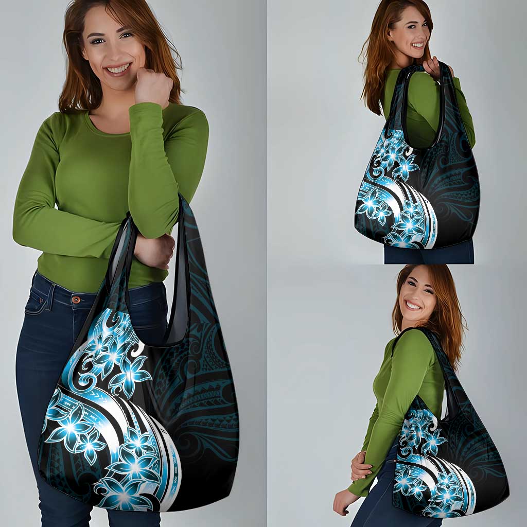 Plumeria Tribal Tattoo Grocery Bag Blue Polynesian Pattern