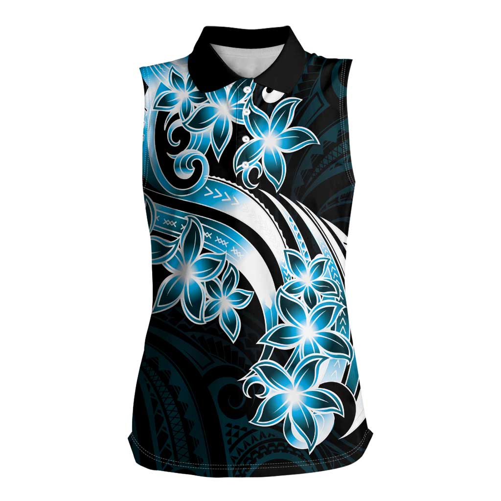 Plumeria Tribal Tattoo Women Sleeveless Polo Shirt Blue Polynesian Pattern LT9 Female Blue - Polynesian Pride