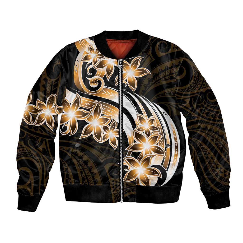 Plumeria Tribal Tattoo Bomber Jacket Gold Polynesian Pattern LT9 Unisex Gold - Polynesian Pride