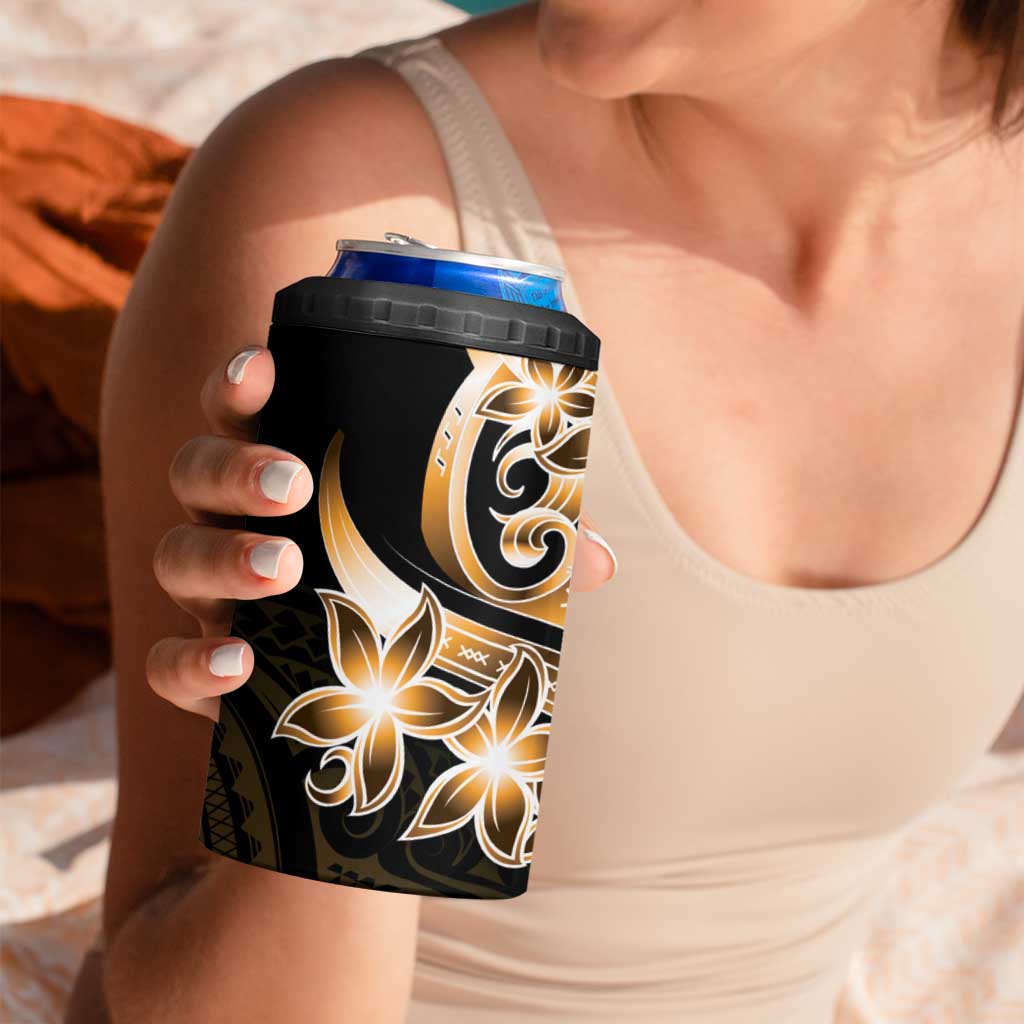 Plumeria Tribal Tattoo 4 in 1 Can Cooler Tumbler Gold Polynesian Pattern