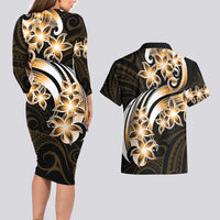 Plumeria Tribal Tattoo Couples Matching Long Sleeve Bodycon Dress and Hawaiian Shirt Gold Polynesian Pattern LT9 - Polynesian Pride