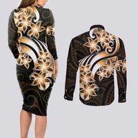Plumeria Tribal Tattoo Couples Matching Long Sleeve Bodycon Dress and Long Sleeve Button Shirt Gold Polynesian Pattern LT9 - Polynesian Pride