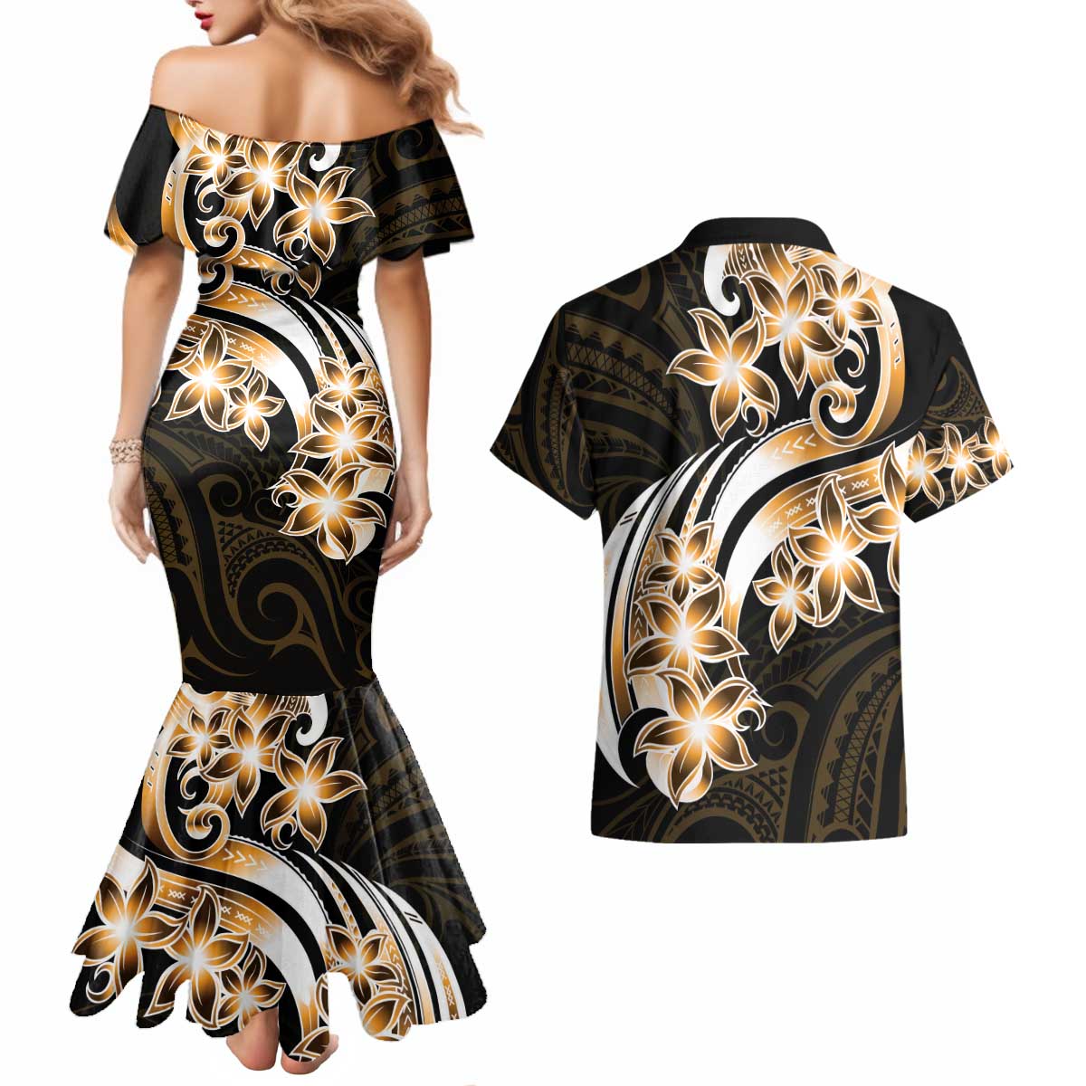 Plumeria Tribal Tattoo Couples Matching Mermaid Dress and Hawaiian Shirt Gold Polynesian Pattern LT9 - Polynesian Pride