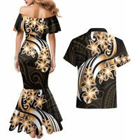 Plumeria Tribal Tattoo Couples Matching Mermaid Dress and Hawaiian Shirt Gold Polynesian Pattern LT9 - Polynesian Pride