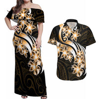Plumeria Tribal Tattoo Couples Matching Off Shoulder Maxi Dress and Hawaiian Shirt Gold Polynesian Pattern LT9 Gold - Polynesian Pride