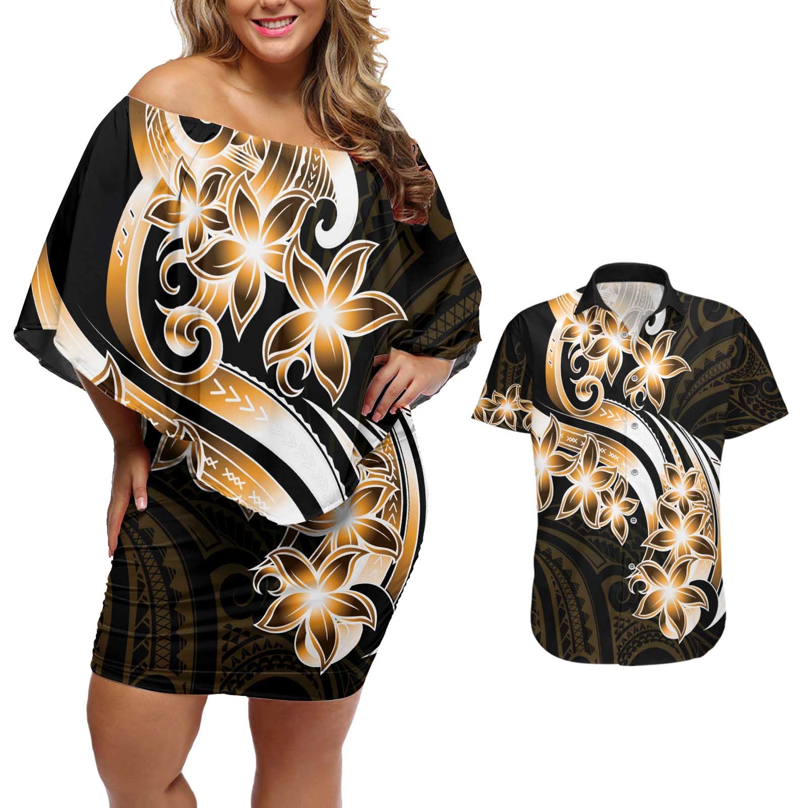 Plumeria Tribal Tattoo Couples Matching Off Shoulder Short Dress and Hawaiian Shirt Gold Polynesian Pattern