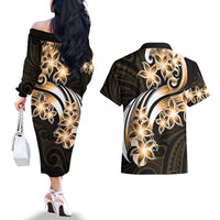 Plumeria Tribal Tattoo Couples Matching Off The Shoulder Long Sleeve Dress and Hawaiian Shirt Gold Polynesian Pattern LT9 - Polynesian Pride