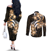 Plumeria Tribal Tattoo Couples Matching Off The Shoulder Long Sleeve Dress and Long Sleeve Button Shirt Gold Polynesian Pattern LT9 - Polynesian Pride