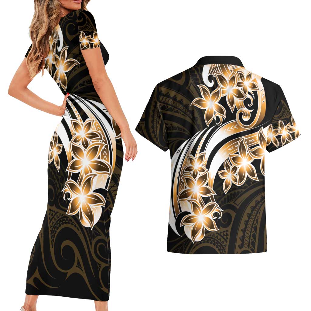 Plumeria Tribal Tattoo Couples Matching Short Sleeve Bodycon Dress and Hawaiian Shirt Gold Polynesian Pattern LT9 - Polynesian Pride