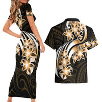 Plumeria Tribal Tattoo Couples Matching Short Sleeve Bodycon Dress and Hawaiian Shirt Gold Polynesian Pattern LT9 - Polynesian Pride