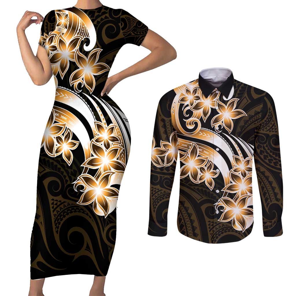 Plumeria Tribal Tattoo Couples Matching Short Sleeve Bodycon Dress and Long Sleeve Button Shirt Gold Polynesian Pattern LT9 Gold - Polynesian Pride