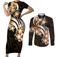 Plumeria Tribal Tattoo Couples Matching Short Sleeve Bodycon Dress and Long Sleeve Button Shirt Gold Polynesian Pattern LT9 Gold - Polynesian Pride