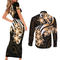 Plumeria Tribal Tattoo Couples Matching Short Sleeve Bodycon Dress and Long Sleeve Button Shirt Gold Polynesian Pattern LT9 - Polynesian Pride