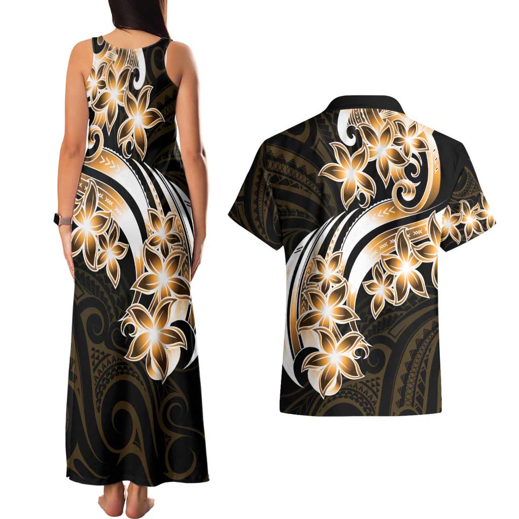 Plumeria Tribal Tattoo Couples Matching Tank Maxi Dress and Hawaiian Shirt Gold Polynesian Pattern LT9 - Polynesian Pride