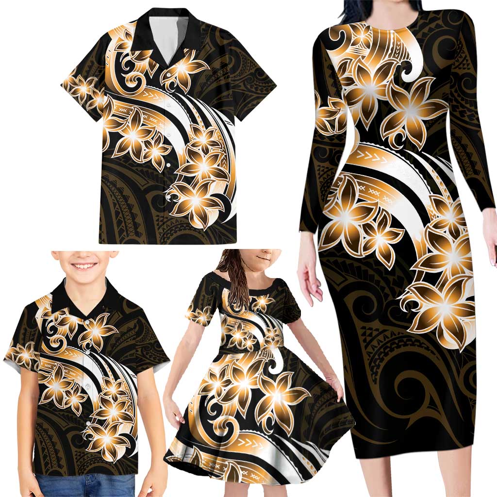 Plumeria Tribal Tattoo Family Matching Long Sleeve Bodycon Dress and Hawaiian Shirt Gold Polynesian Pattern LT9 - Polynesian Pride