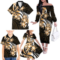 Plumeria Tribal Tattoo Family Matching Off The Shoulder Long Sleeve Dress and Hawaiian Shirt Gold Polynesian Pattern LT9 - Polynesian Pride