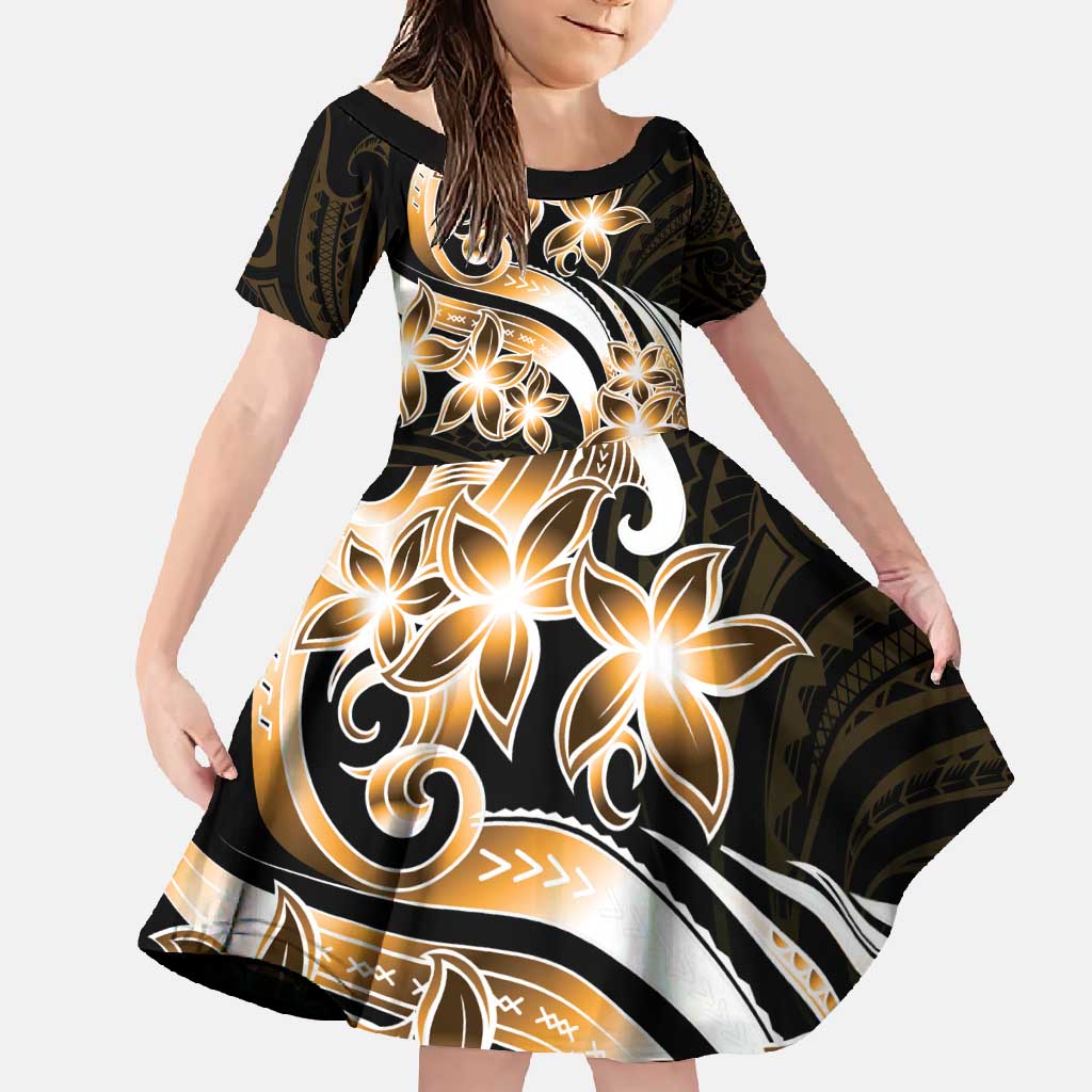 Plumeria Tribal Tattoo Family Matching Off Shoulder Maxi Dress and Hawaiian Shirt Gold Polynesian Pattern LT9 Daughter's Dress Gold - Polynesian Pride