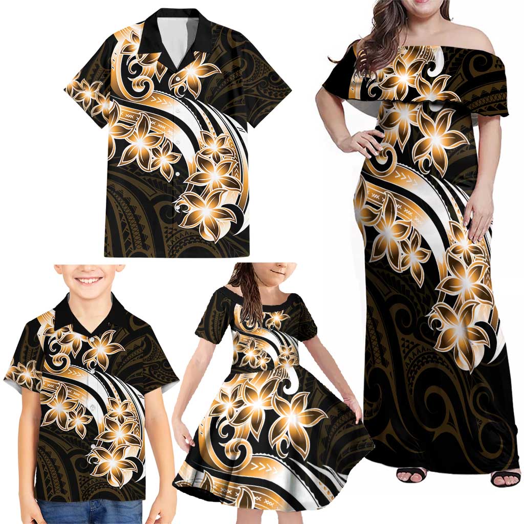 Plumeria Tribal Tattoo Family Matching Off Shoulder Maxi Dress and Hawaiian Shirt Gold Polynesian Pattern LT9 - Polynesian Pride