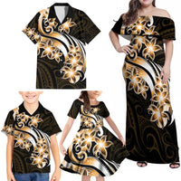 Plumeria Tribal Tattoo Family Matching Off Shoulder Maxi Dress and Hawaiian Shirt Gold Polynesian Pattern LT9 - Polynesian Pride
