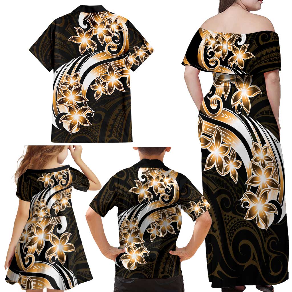 Plumeria Tribal Tattoo Family Matching Off Shoulder Maxi Dress and Hawaiian Shirt Gold Polynesian Pattern LT9 - Polynesian Pride