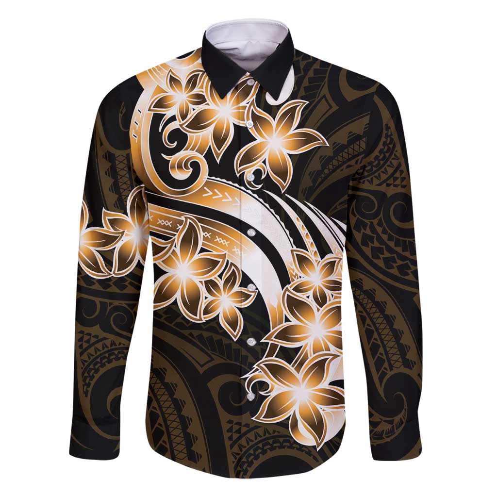 Plumeria Tribal Tattoo Family Matching Off Shoulder Maxi Dress and Hawaiian Shirt Gold Polynesian Pattern LT9 Dad's Shirt - Long Sleeve Gold - Polynesian Pride
