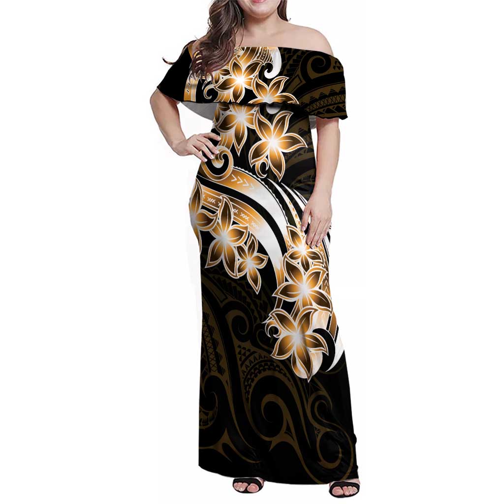 Plumeria Tribal Tattoo Family Matching Off Shoulder Maxi Dress and Hawaiian Shirt Gold Polynesian Pattern LT9 Mom's Dress Gold - Polynesian Pride