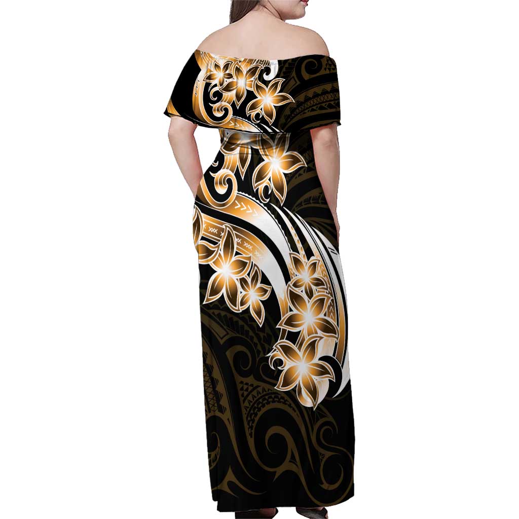Plumeria Tribal Tattoo Family Matching Off Shoulder Maxi Dress and Hawaiian Shirt Gold Polynesian Pattern LT9 - Polynesian Pride