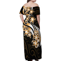 Plumeria Tribal Tattoo Family Matching Off Shoulder Maxi Dress and Hawaiian Shirt Gold Polynesian Pattern LT9 - Polynesian Pride