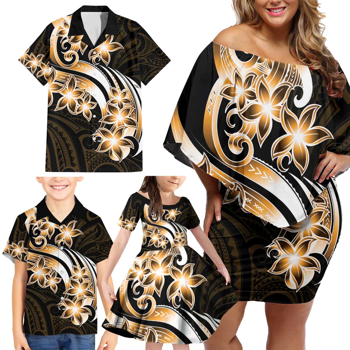 Plumeria Tribal Tattoo Family Matching Off Shoulder Short Dress and Hawaiian Shirt Gold Polynesian Pattern LT9 - Polynesian Pride