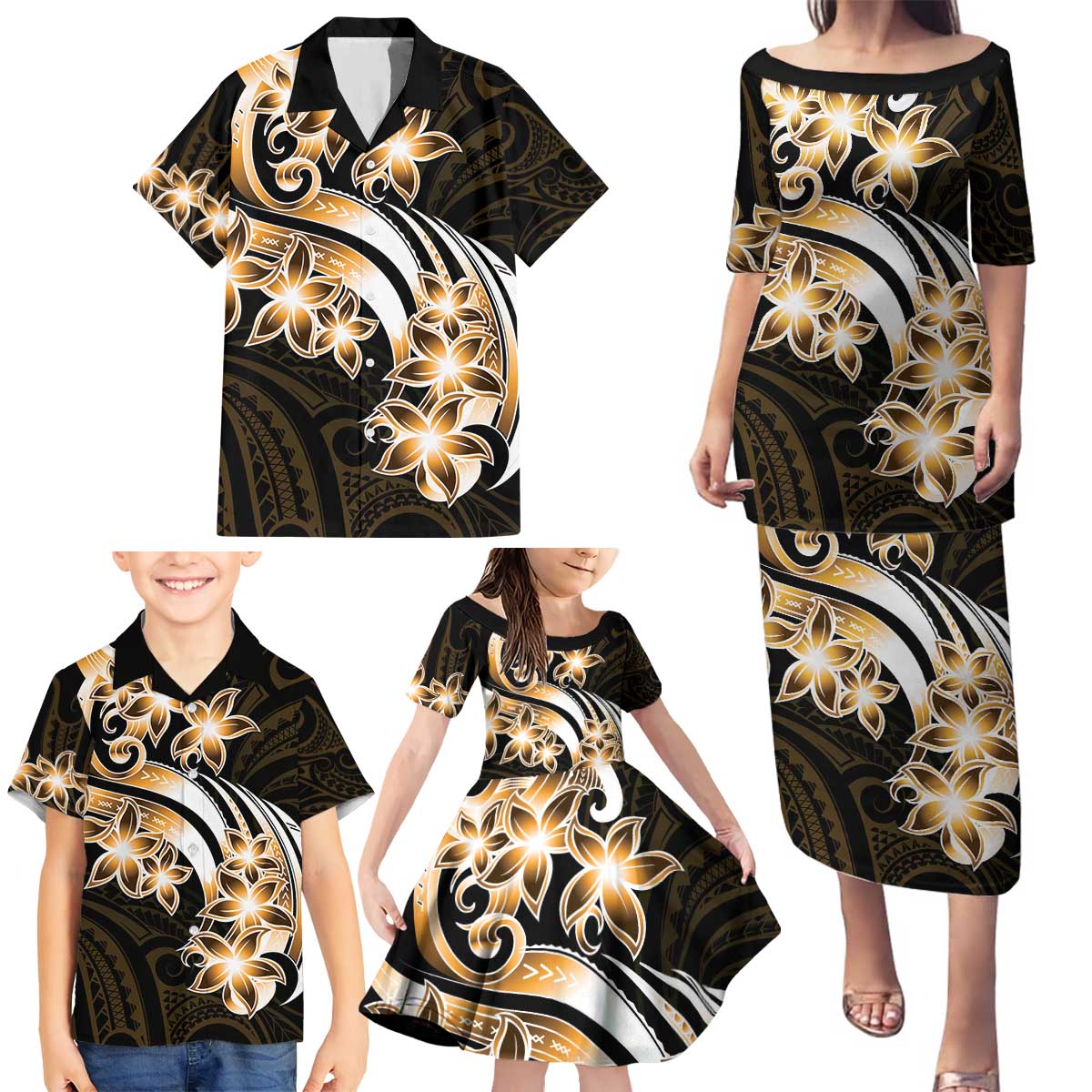 Plumeria Tribal Tattoo Family Matching Puletasi and Hawaiian Shirt Gold Polynesian Pattern LT9 - Polynesian Pride