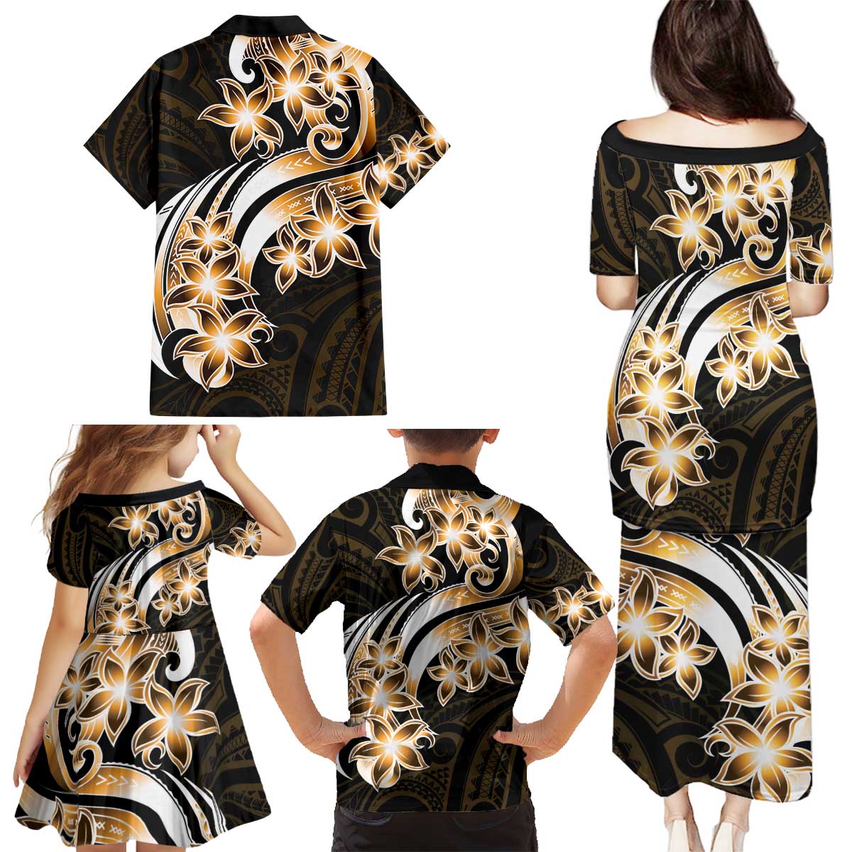 Plumeria Tribal Tattoo Family Matching Puletasi and Hawaiian Shirt Gold Polynesian Pattern LT9 - Polynesian Pride