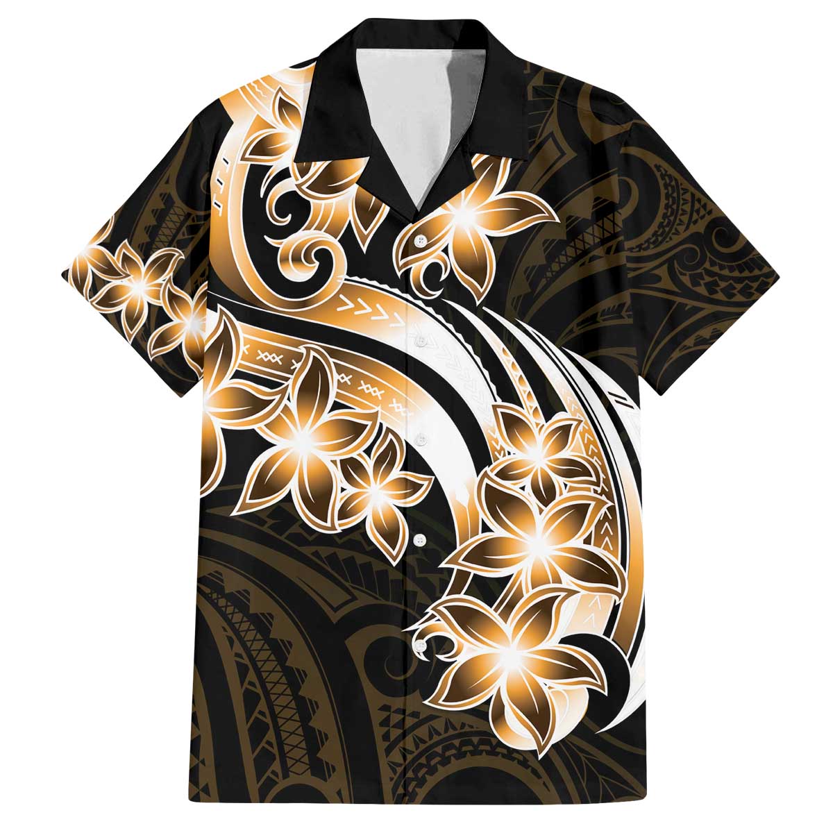 Plumeria Tribal Tattoo Family Matching Puletasi and Hawaiian Shirt Gold Polynesian Pattern LT9 Dad's Shirt - Short Sleeve Gold - Polynesian Pride