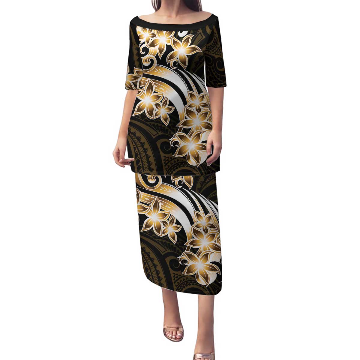 Plumeria Tribal Tattoo Family Matching Puletasi and Hawaiian Shirt Gold Polynesian Pattern LT9 Mom's Dress Gold - Polynesian Pride