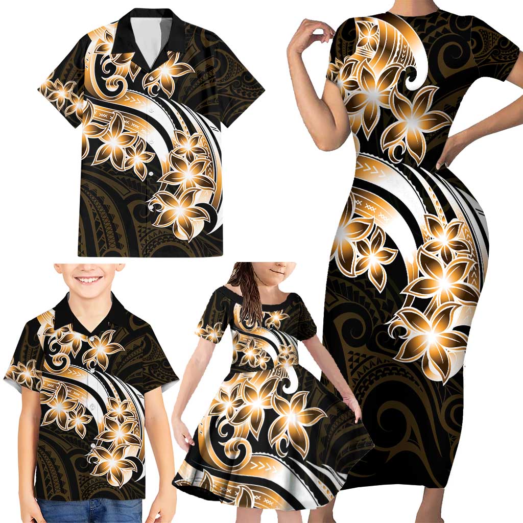 Plumeria Tribal Tattoo Family Matching Short Sleeve Bodycon Dress and Hawaiian Shirt Gold Polynesian Pattern LT9 - Polynesian Pride