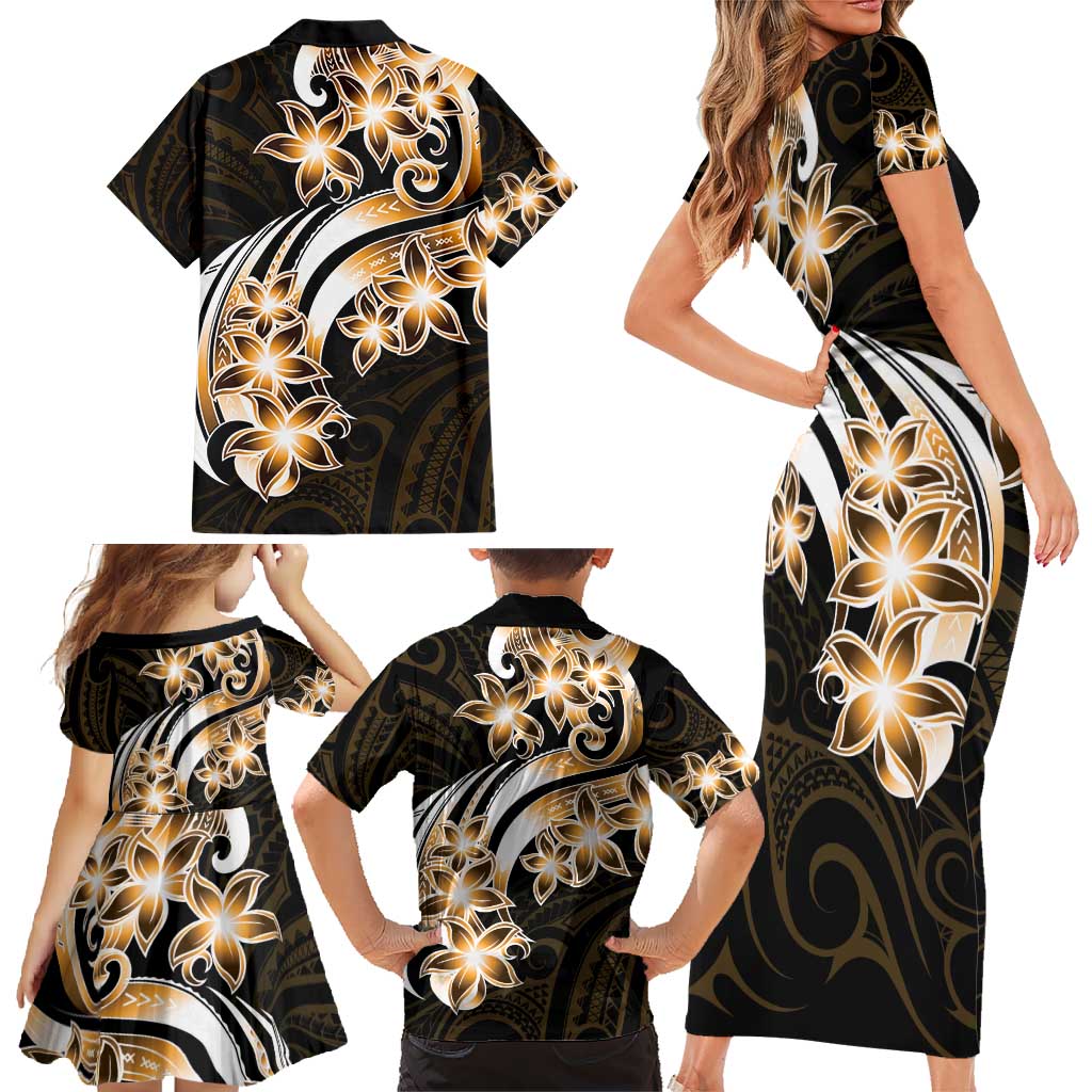 Plumeria Tribal Tattoo Family Matching Short Sleeve Bodycon Dress and Hawaiian Shirt Gold Polynesian Pattern LT9 - Polynesian Pride
