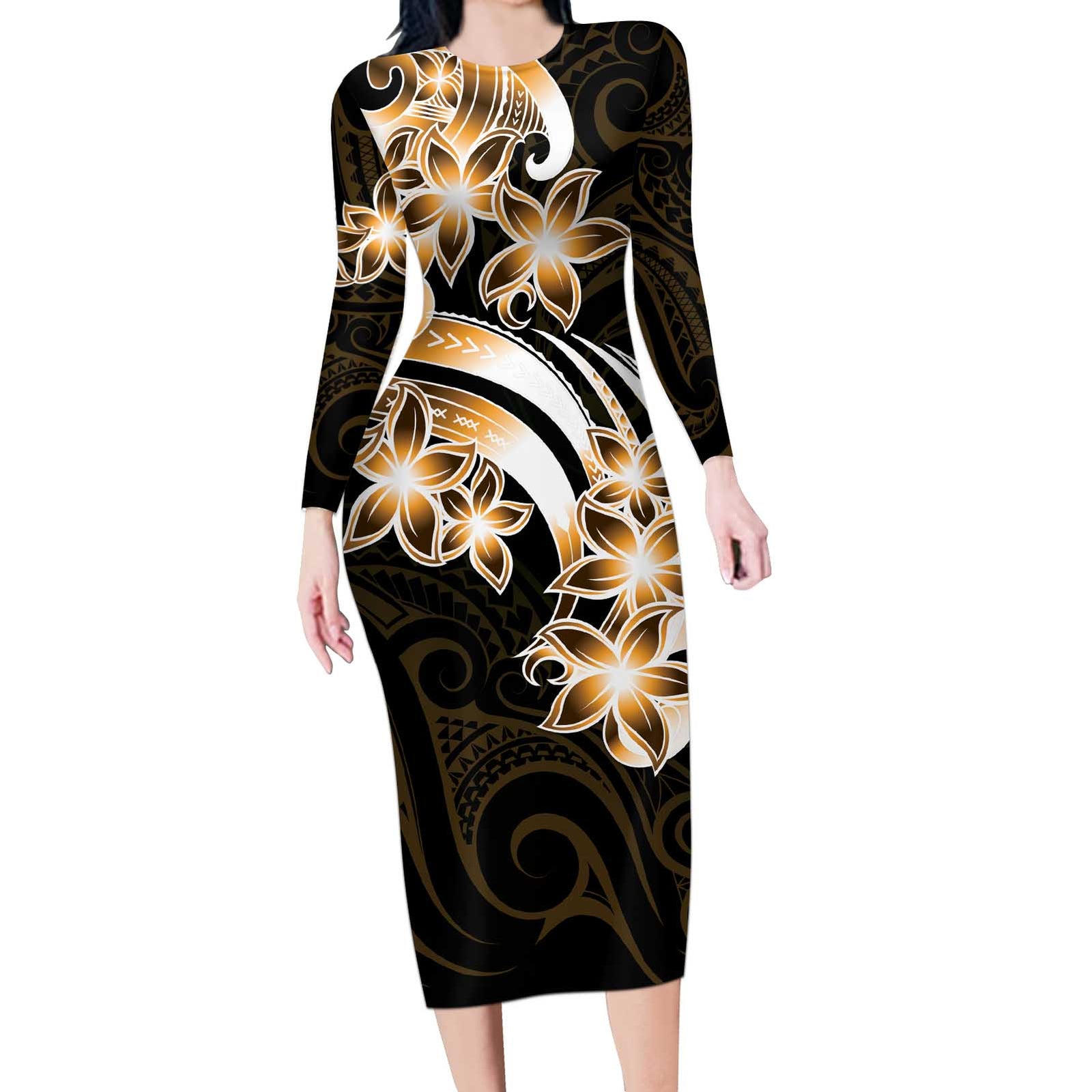 Plumeria Tribal Tattoo Long Sleeve Bodycon Dress Gold Polynesian Pattern LT9 Long Dress Gold - Polynesian Pride