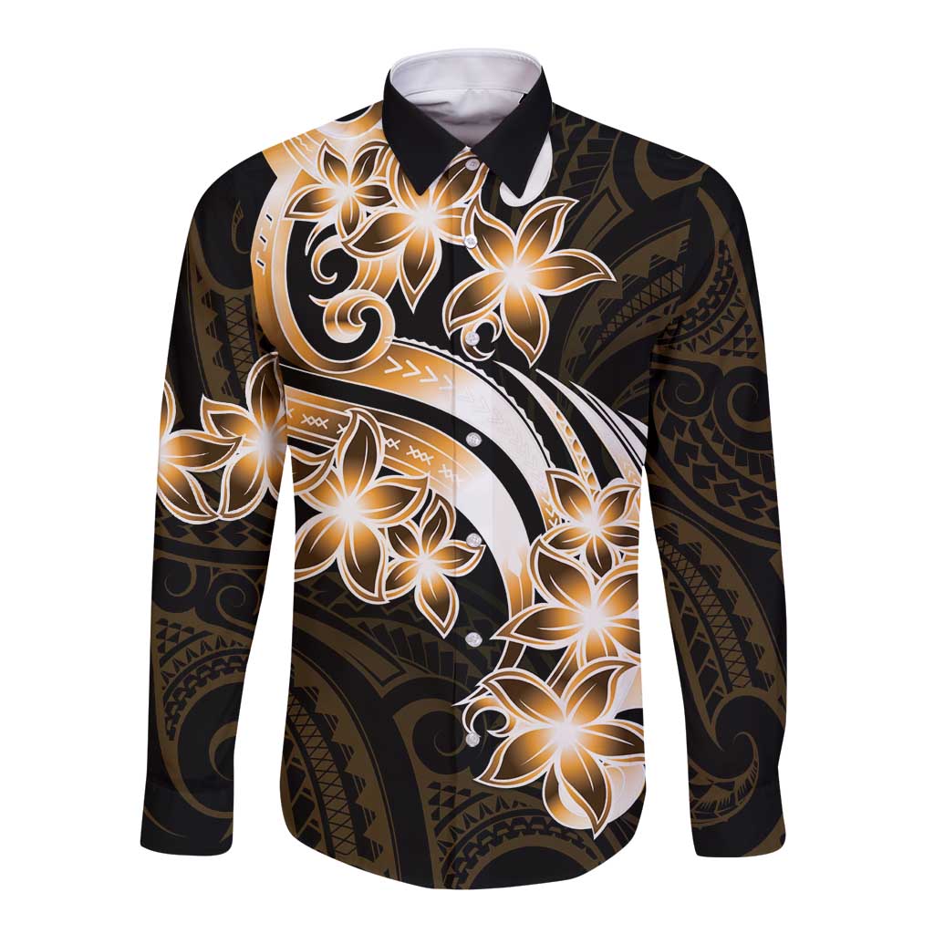 Plumeria Tribal Tattoo Long Sleeve Button Shirt Gold Polynesian Pattern LT9 Unisex Gold - Polynesian Pride