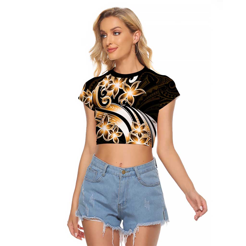 Plumeria Tribal Tattoo Raglan Cropped T Shirt Gold Polynesian Pattern