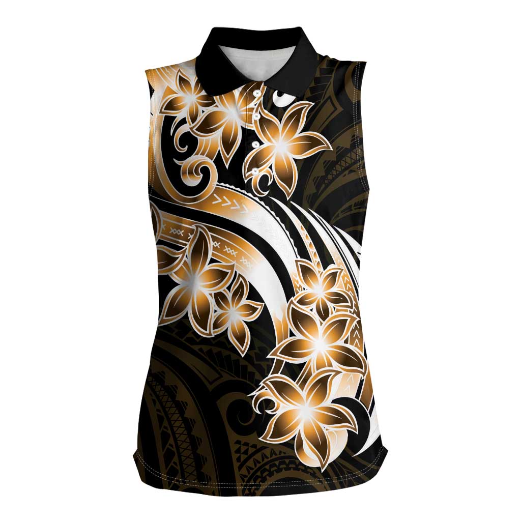 Plumeria Tribal Tattoo Women Sleeveless Polo Shirt Gold Polynesian Pattern LT9 Female Gold - Polynesian Pride