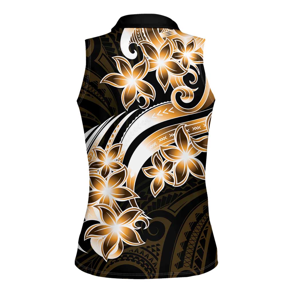 Plumeria Tribal Tattoo Women Sleeveless Polo Shirt Gold Polynesian Pattern