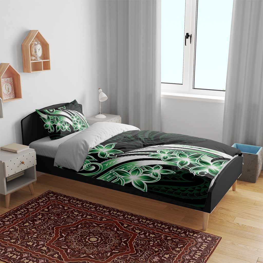 Plumeria Tribal Tattoo Bedding Set Green Polynesian Pattern