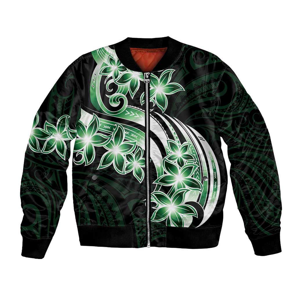 Plumeria Tribal Tattoo Bomber Jacket Green Polynesian Pattern LT9 Unisex Green - Polynesian Pride