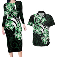 Plumeria Tribal Tattoo Couples Matching Long Sleeve Bodycon Dress and Hawaiian Shirt Green Polynesian Pattern LT9 Green - Polynesian Pride