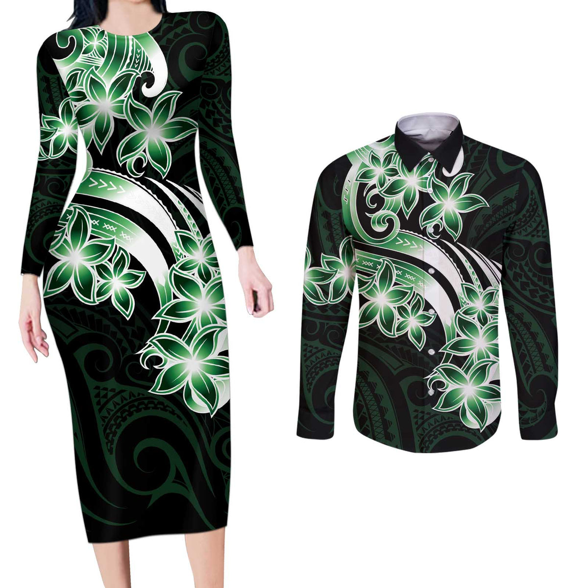 Plumeria Tribal Tattoo Couples Matching Long Sleeve Bodycon Dress and Long Sleeve Button Shirt Green Polynesian Pattern LT9 Green - Polynesian Pride