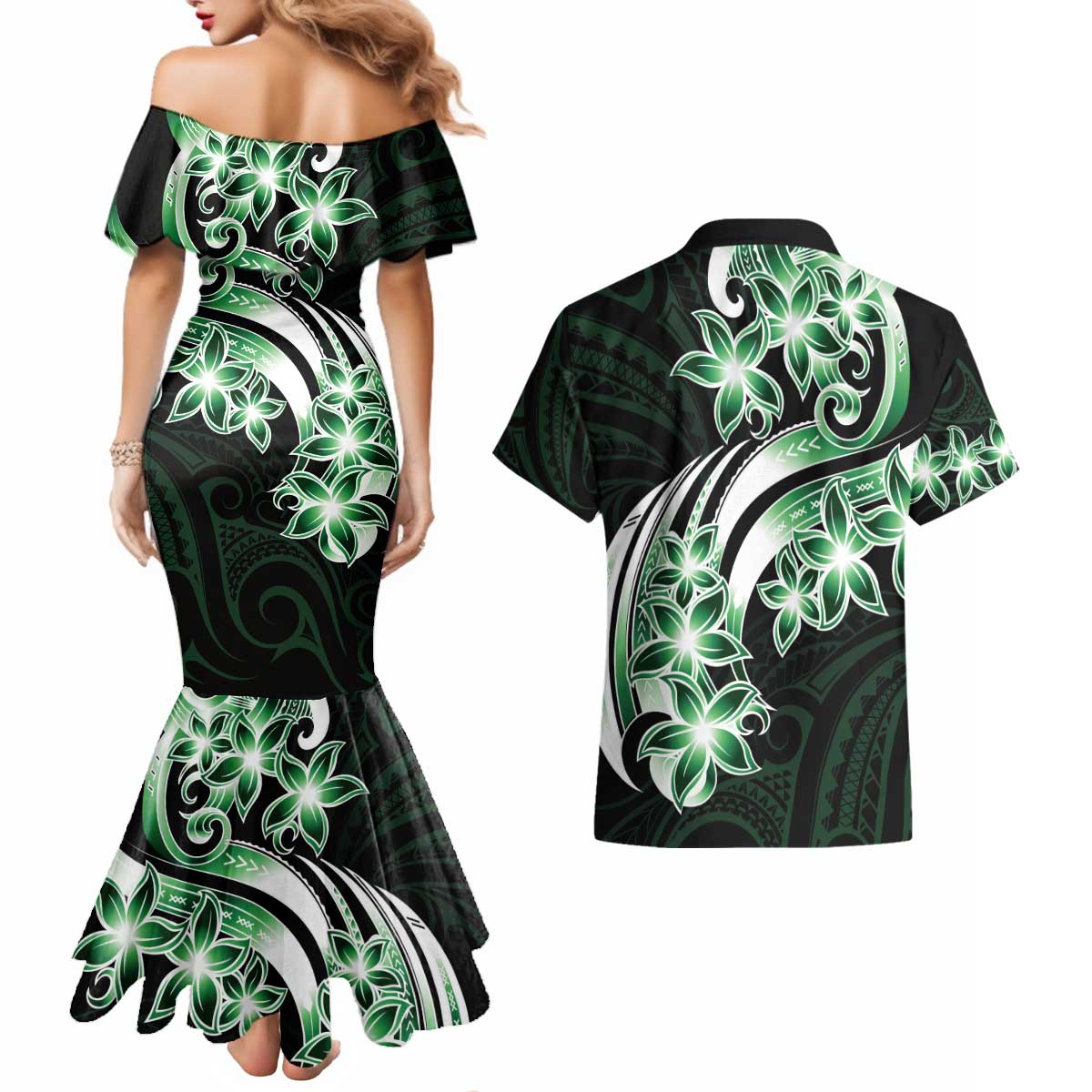 Plumeria Tribal Tattoo Couples Matching Mermaid Dress and Hawaiian Shirt Green Polynesian Pattern LT9 - Polynesian Pride