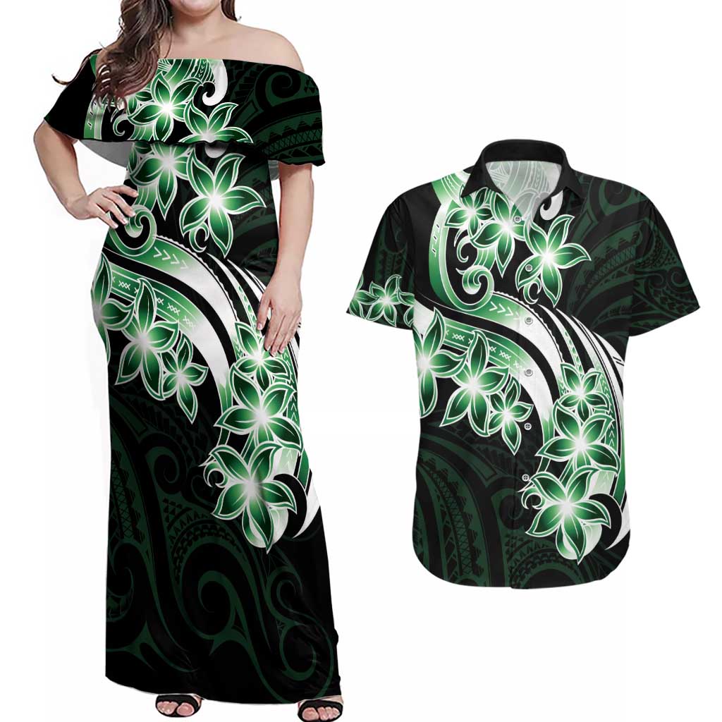 Plumeria Tribal Tattoo Couples Matching Off Shoulder Maxi Dress and Hawaiian Shirt Green Polynesian Pattern LT9 Green - Polynesian Pride